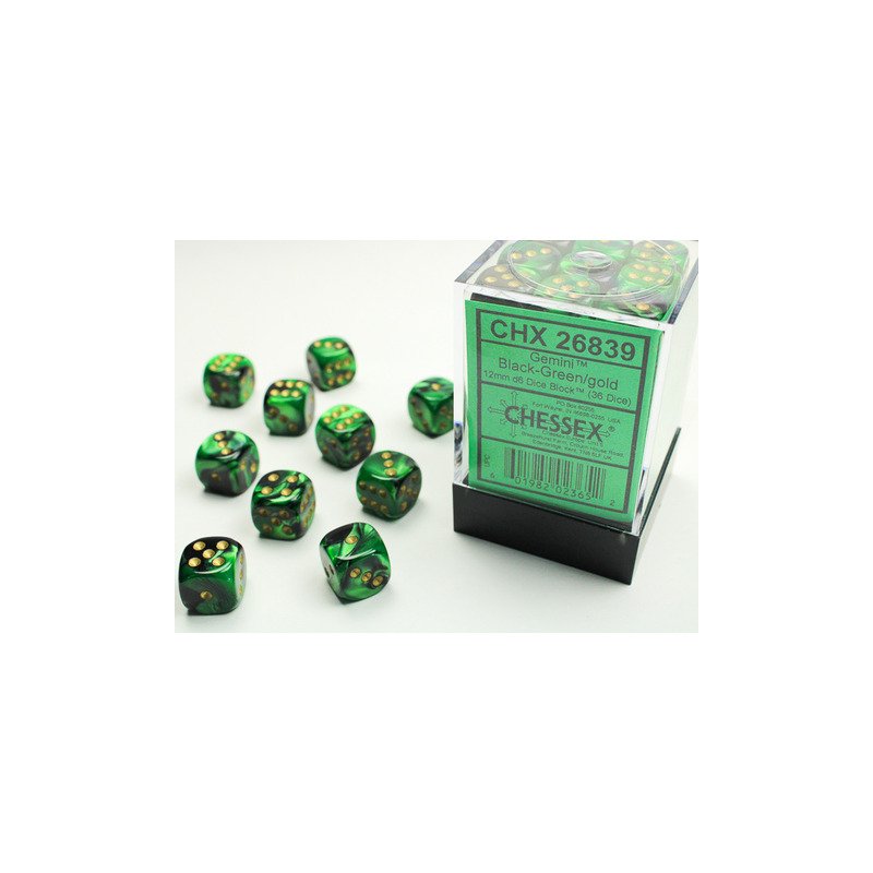 Gemini Black-Green/gold 12mm d6 Dice Block (36 dice)