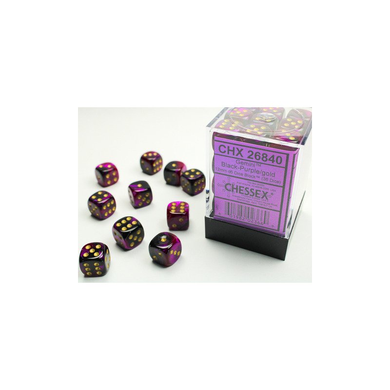 Gemini Black-Purple/gold 12mm d6 Dice Block (36 dice)