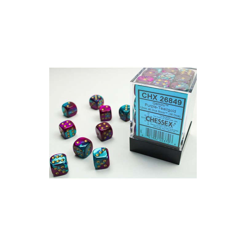 Gemini Purple-Teal/gold 12mm d6 Dice Block (36 dice)