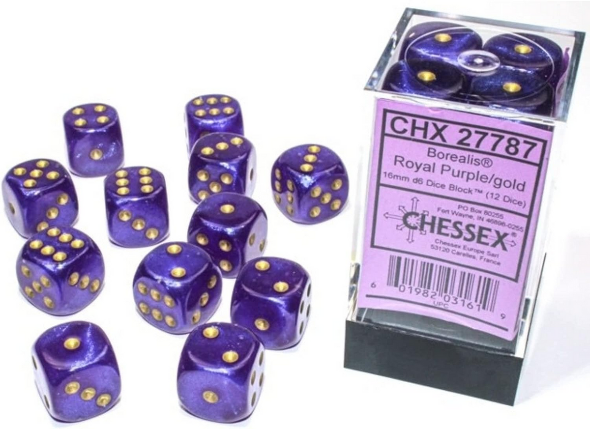 Chessex Borealis Royal Purple/Gold Luminary 16mm d6 Dice Block (12 dice)