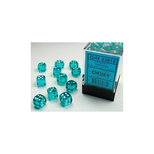 Translucent Teal/white 12mm d6 Dice Block (36 dice)