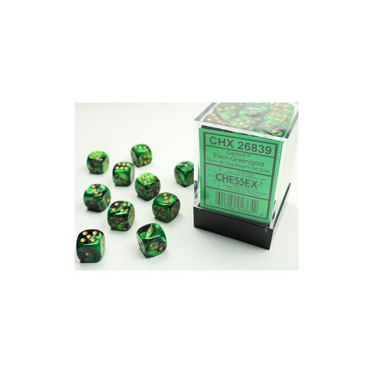 Gemini Black-Green/gold 12mm d6 Dice Block (36 dice)