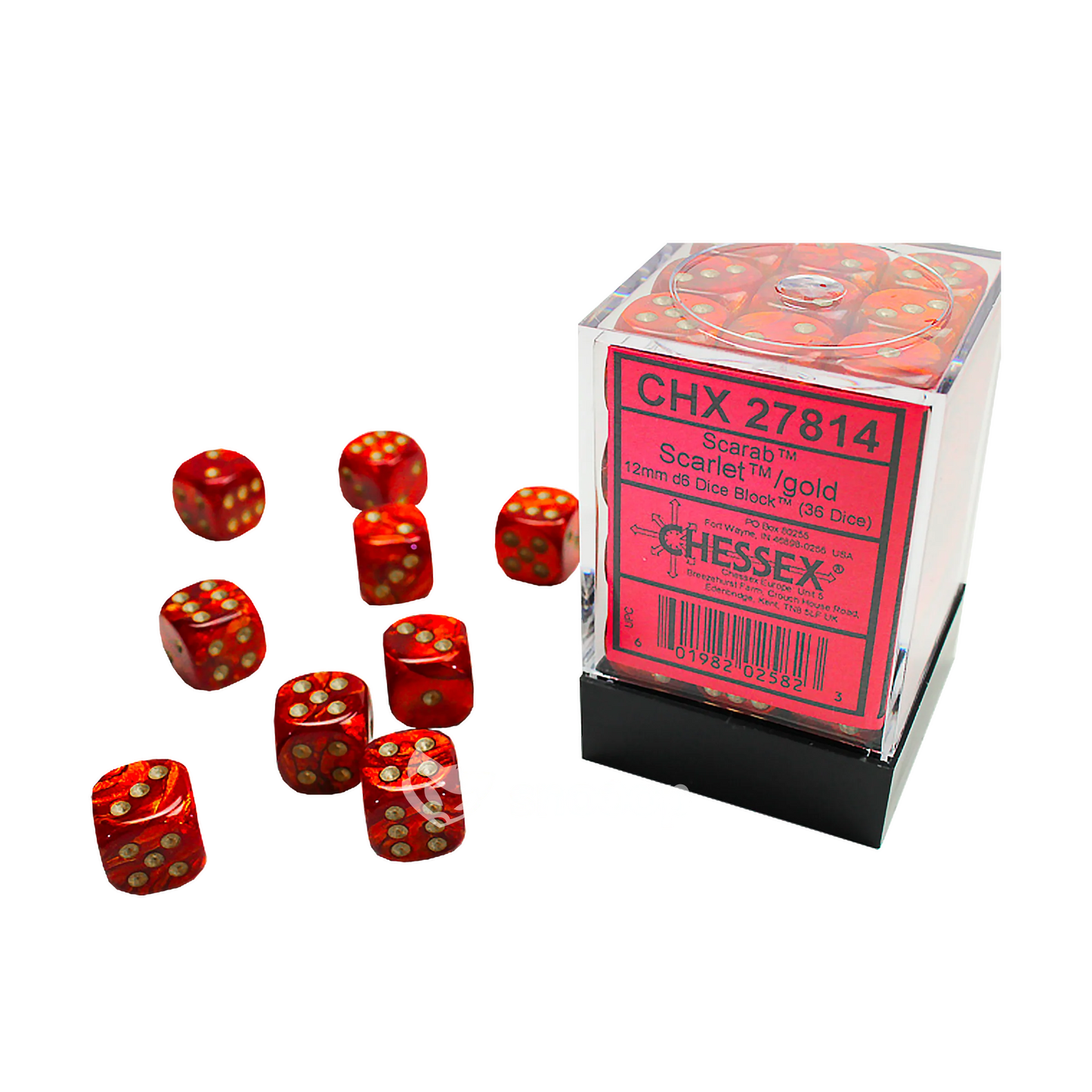Scarab Scarlet/gold 12mm d6 Dice Block (36 dice) - CHX 27814