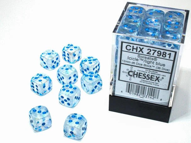 Chessex Borealis Icicle/Light Blue Luminary 12mm d6 Dice Block (36 dice)