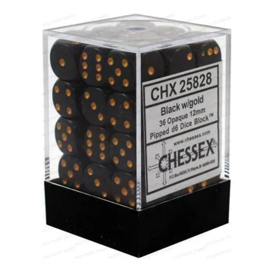 Opaque Black/Gold 12mm d6 Dice Block (36 dice) - CHX 25828