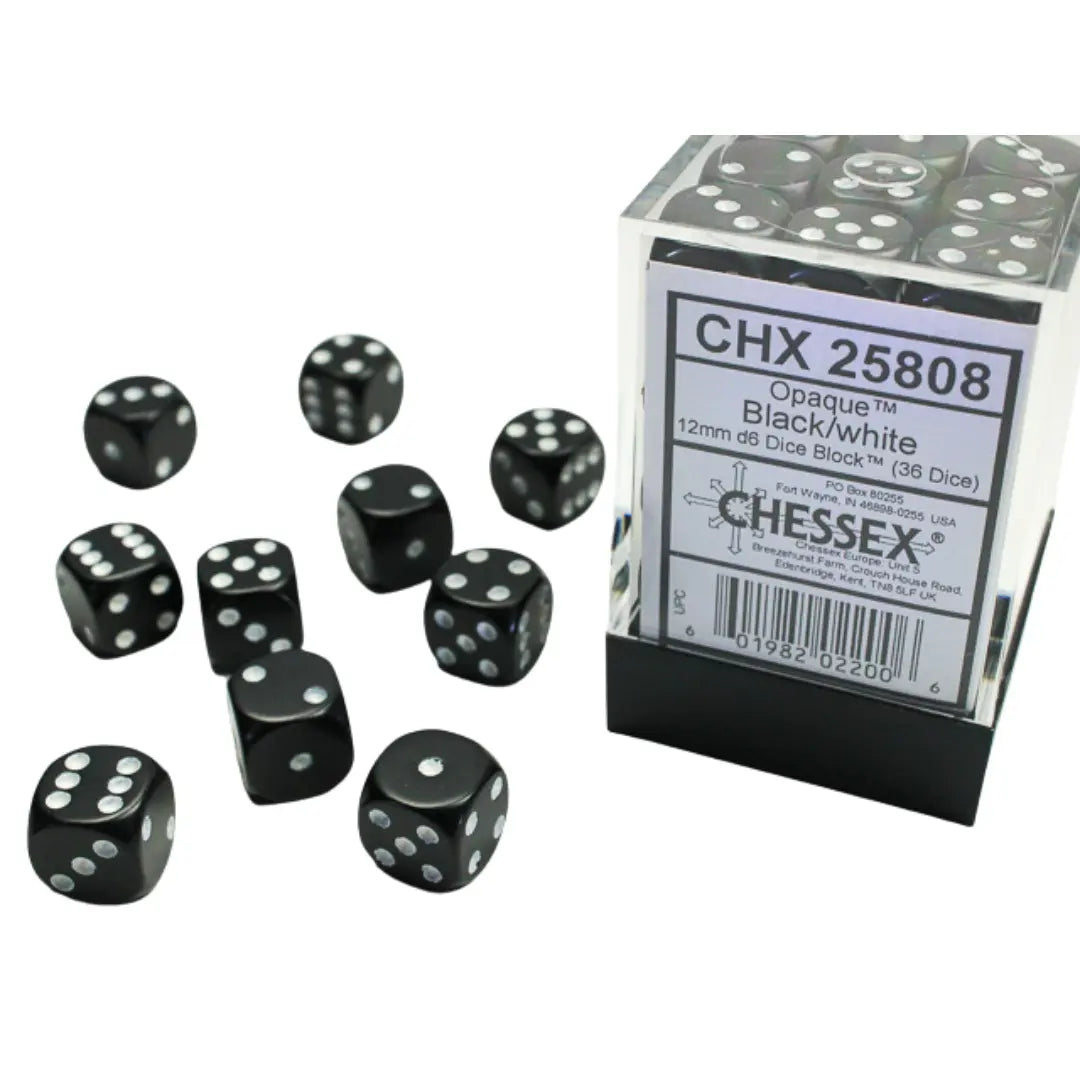 Chessex Opaque Black/White 12mm d6 Dice Block (36 dice)